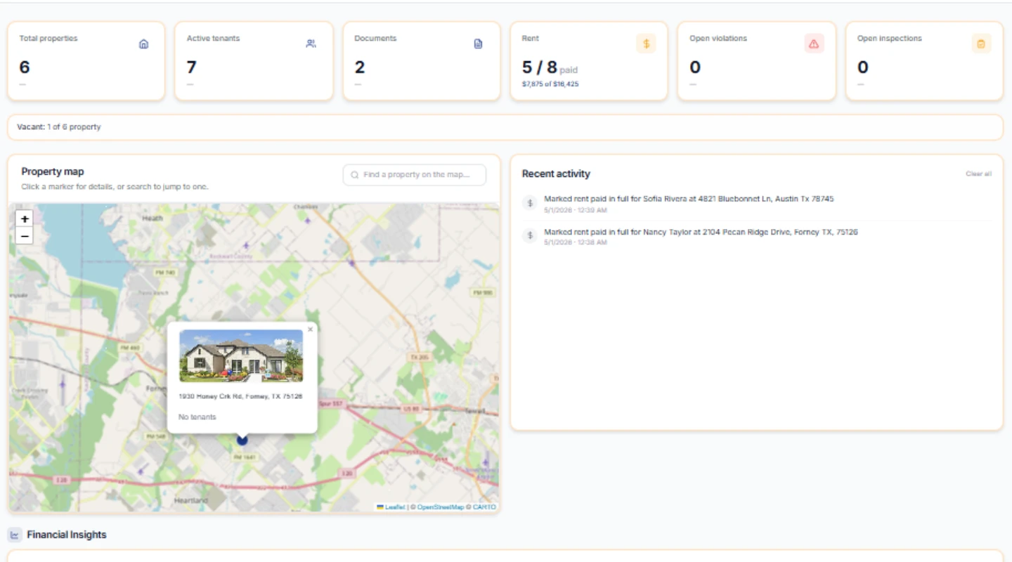 PropertyLens dashboard: rent status across properties at a glance.