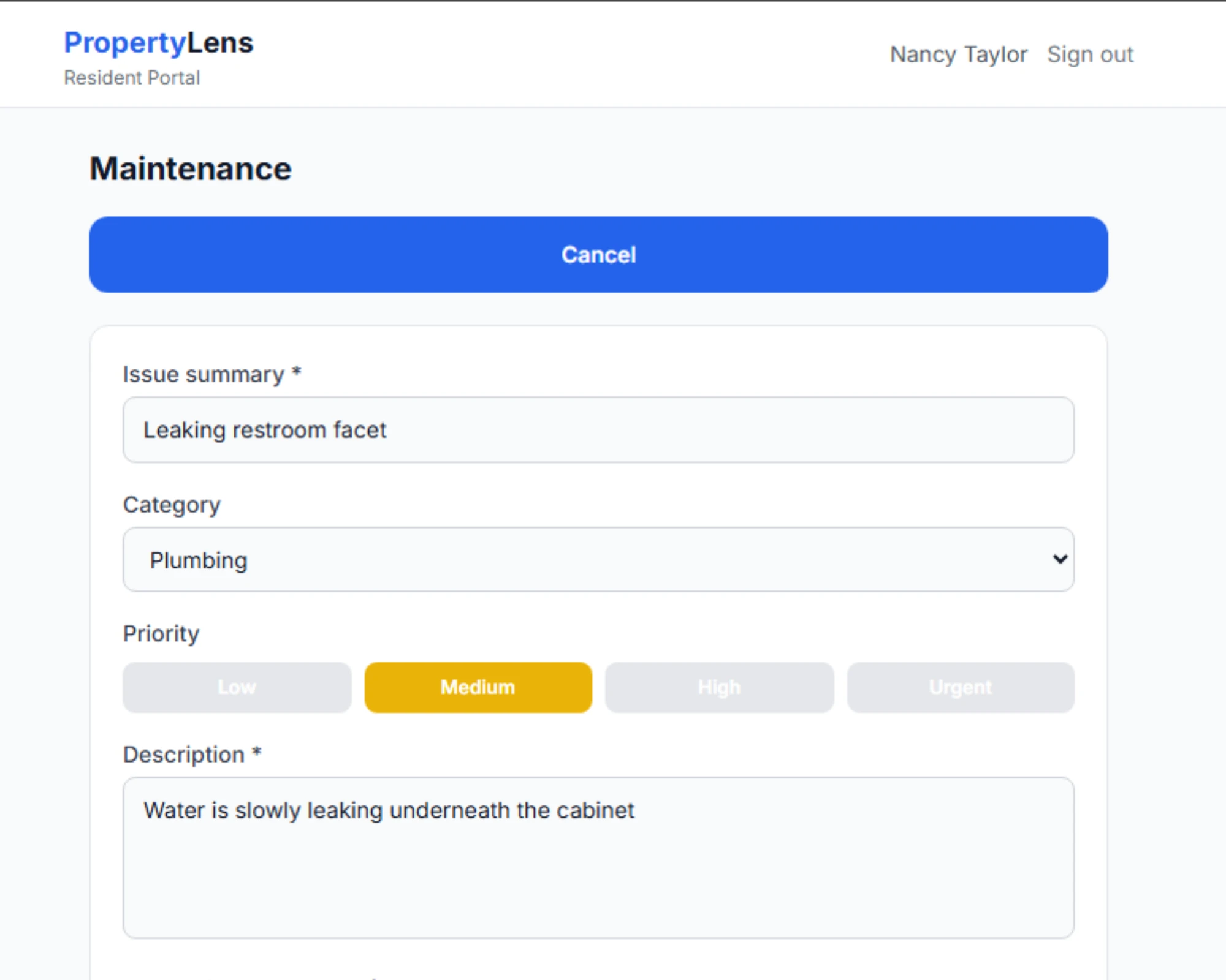 Resident portal: tenant view of rent, lease, and maintenance.