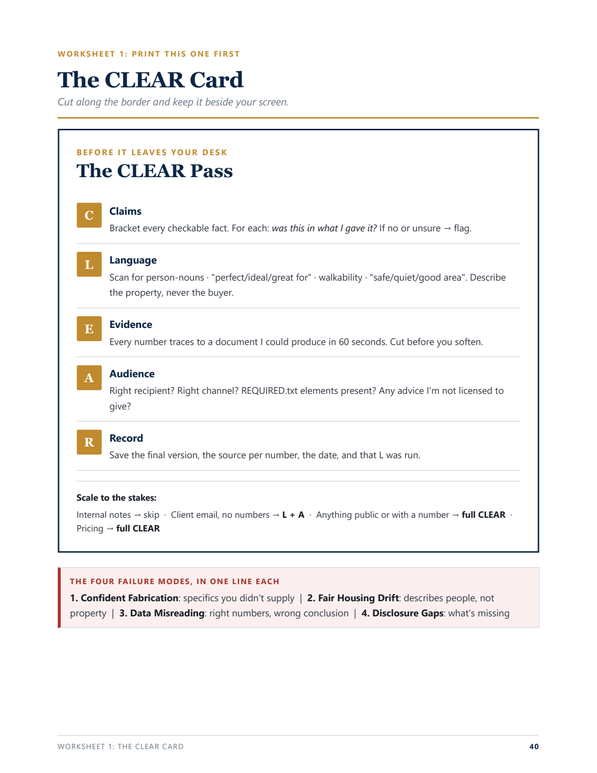 The free CLEAR Card, one printable page.