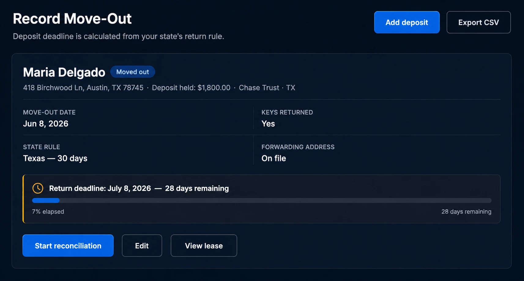 Move-out recorded in PropertyLens with deposit deadline auto-calculated.