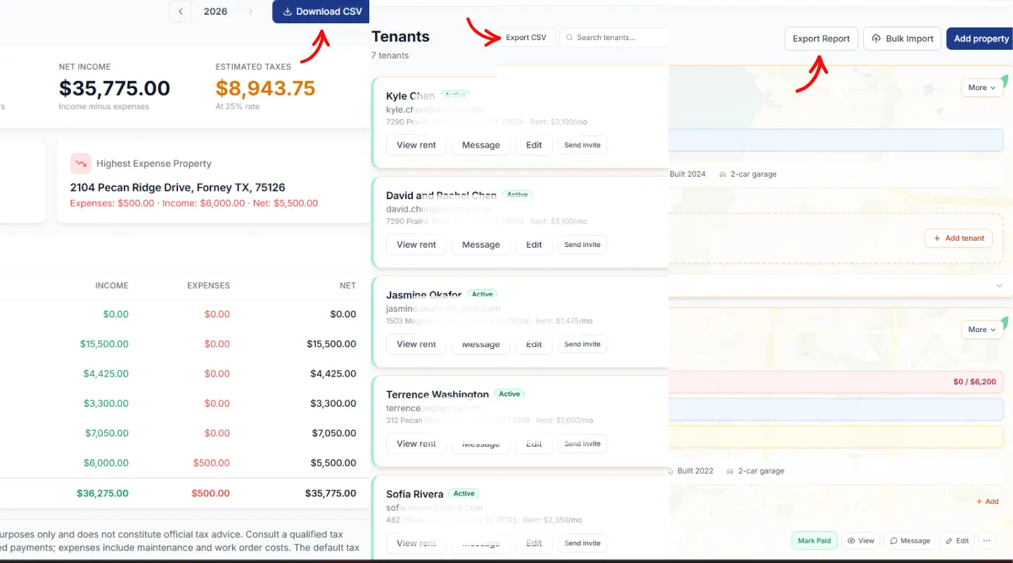CSV export options: rent ledger, tenant list, expense report, maintenance log — each with a download button.