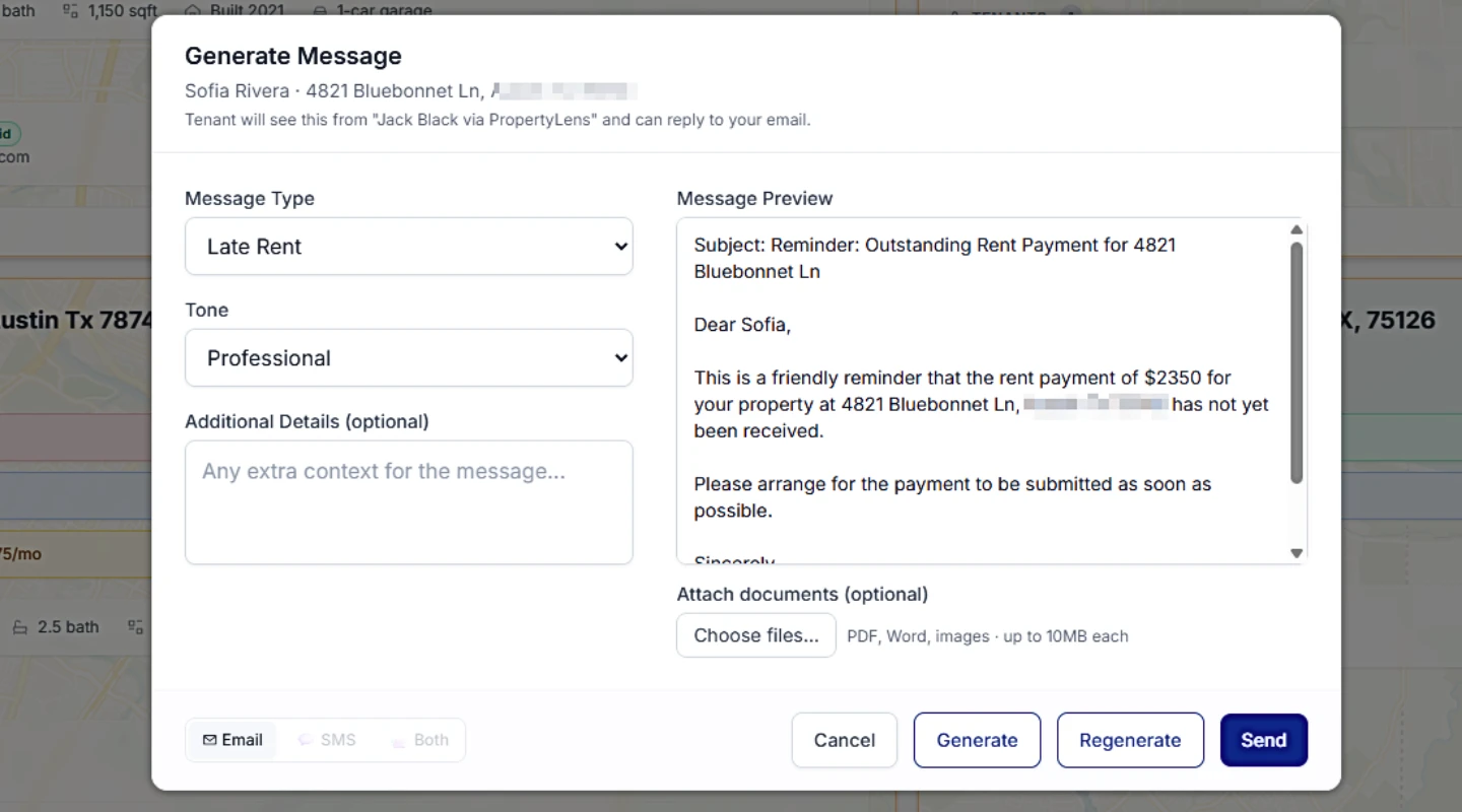 Late notice composition view: pre-filled tenant name, overdue amount, late fee from lease, and a "Send via email + log in ledger" button.