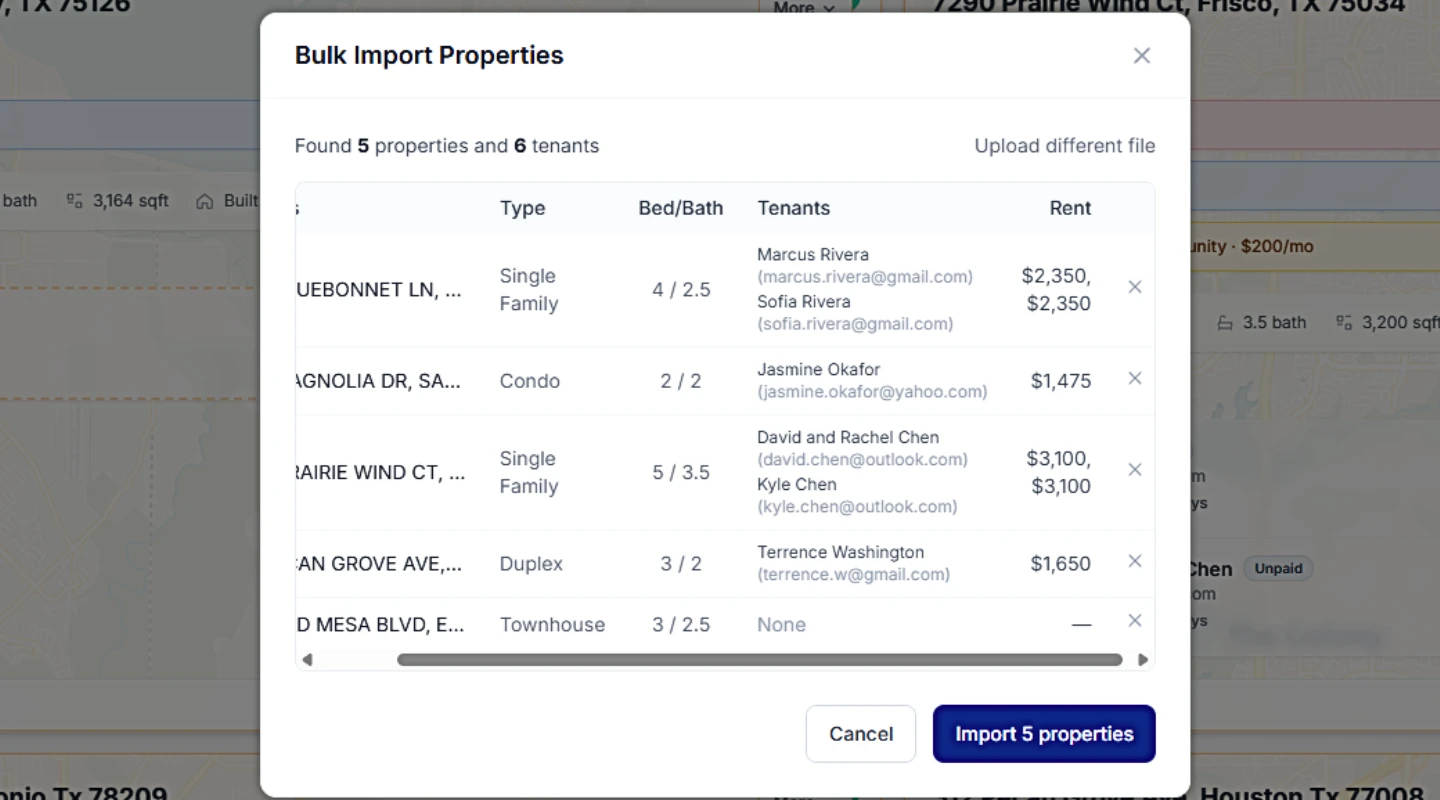 CSV import flow: file picker, column mapping (auto-detected), preview of first 5 rows, then "Import 23 tenants" button.