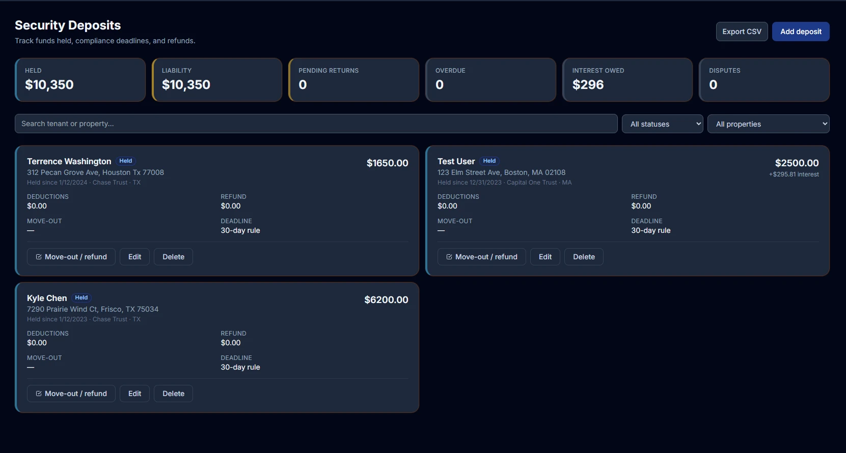 PropertyLens security deposit tracker: deposit amount, hold location, interest accrued.