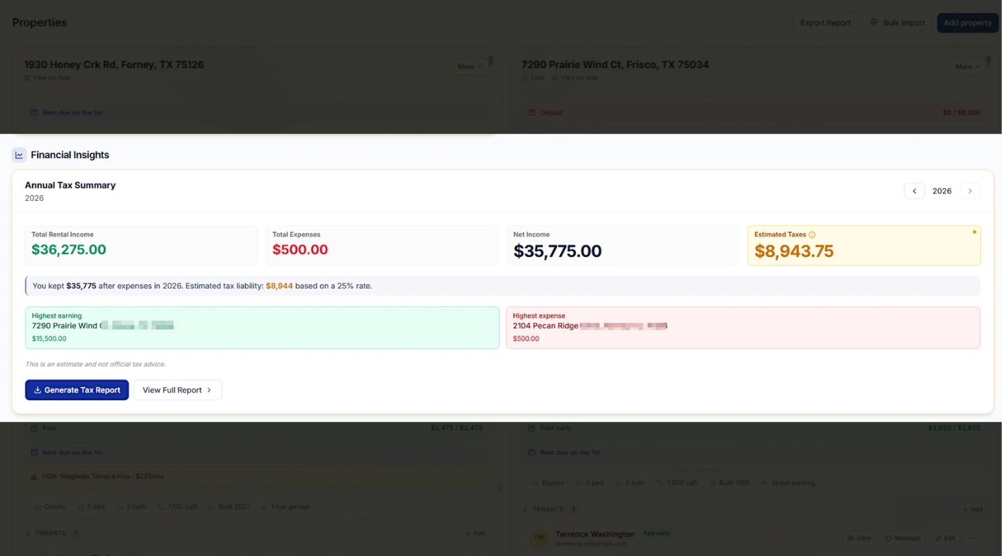 PropertyLens expense entry view: receipt photo upload, auto-categorized to "Repairs," date/amount/property pre-filled, with a tax deduction badge.