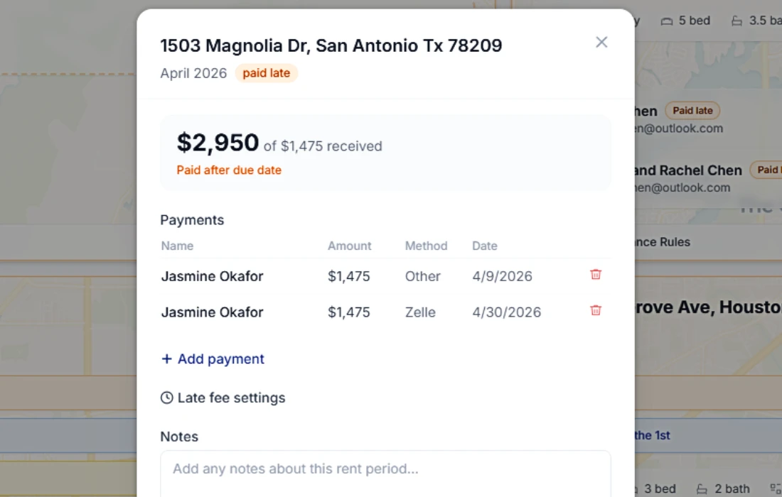 The PropertyLens Rent Ledger modal — payments listed by tenant, amount, method, and date, with the period status (paid, paid late, partial, overdue) shown as a color-coded badge.